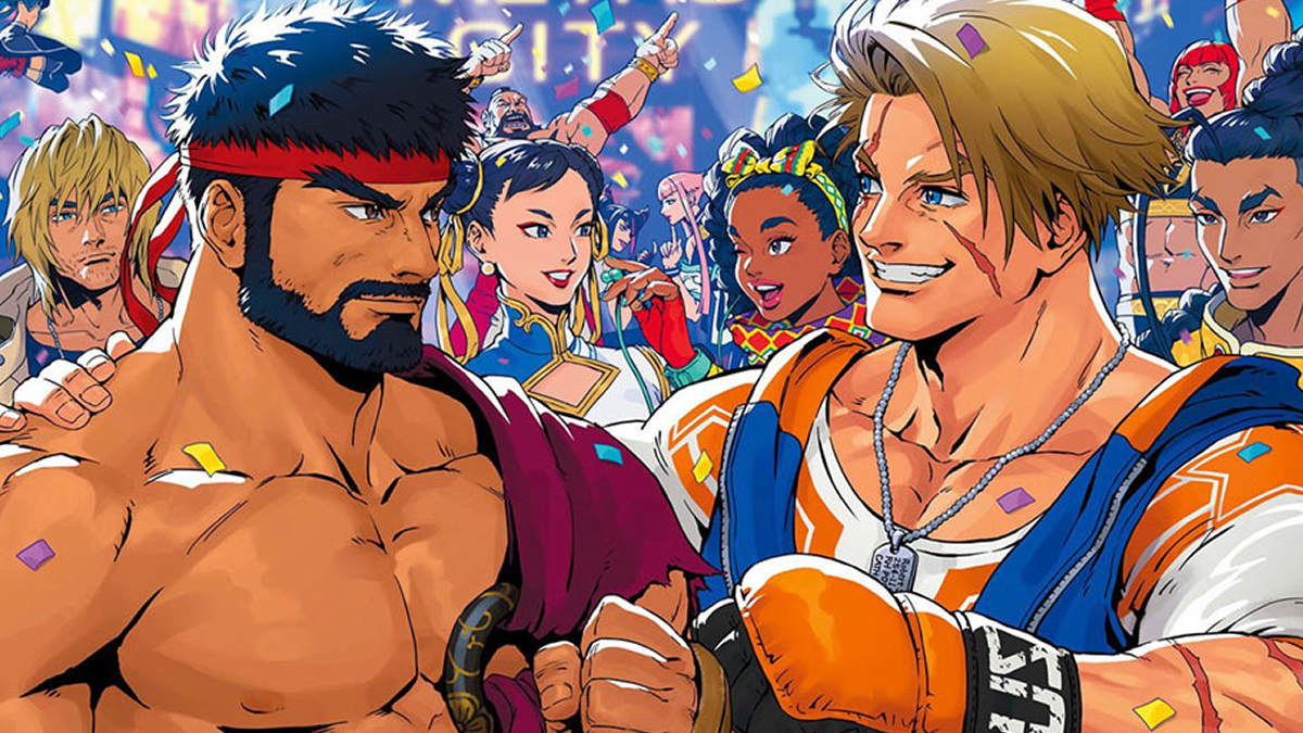 Uma ilustração de Ryu, Luke e muitos outros personagens de Street Fighter comemorando.