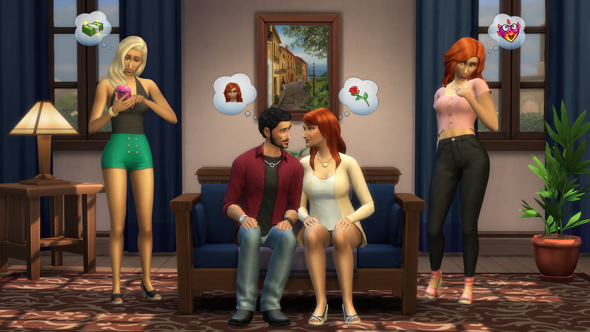 Two sims on a couch with two other sims standing on either side of them in the sims 4