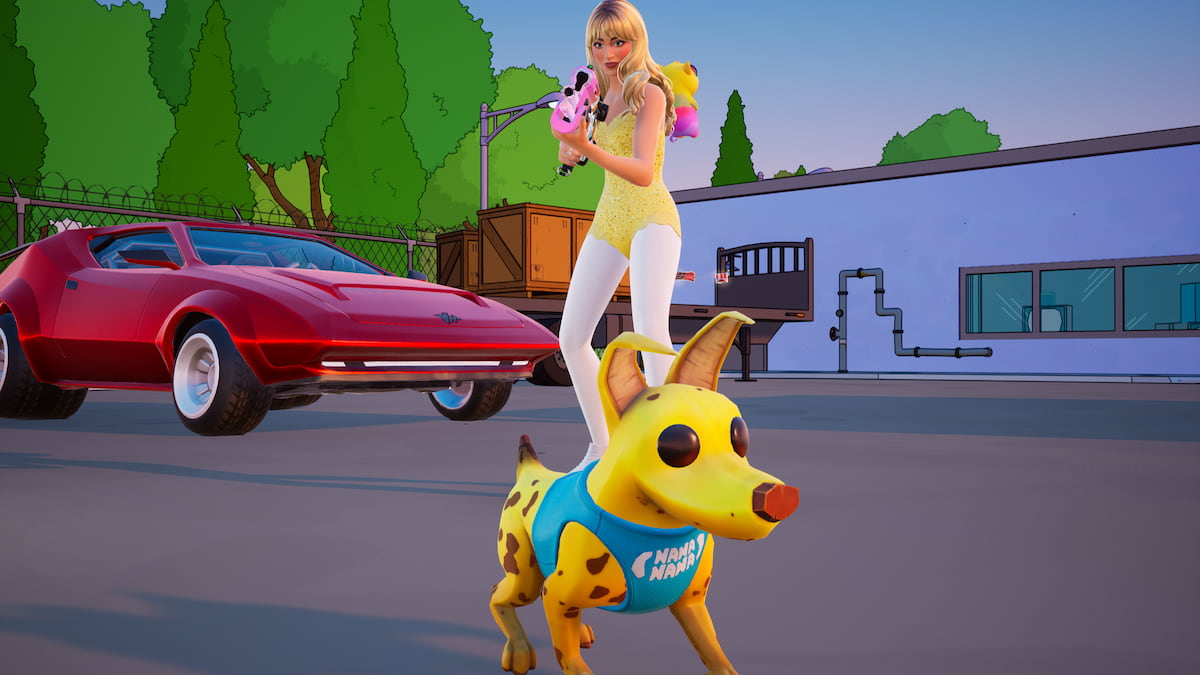 sabrina carpenter de pie detrás de plátano perro pela compañero en fortnite