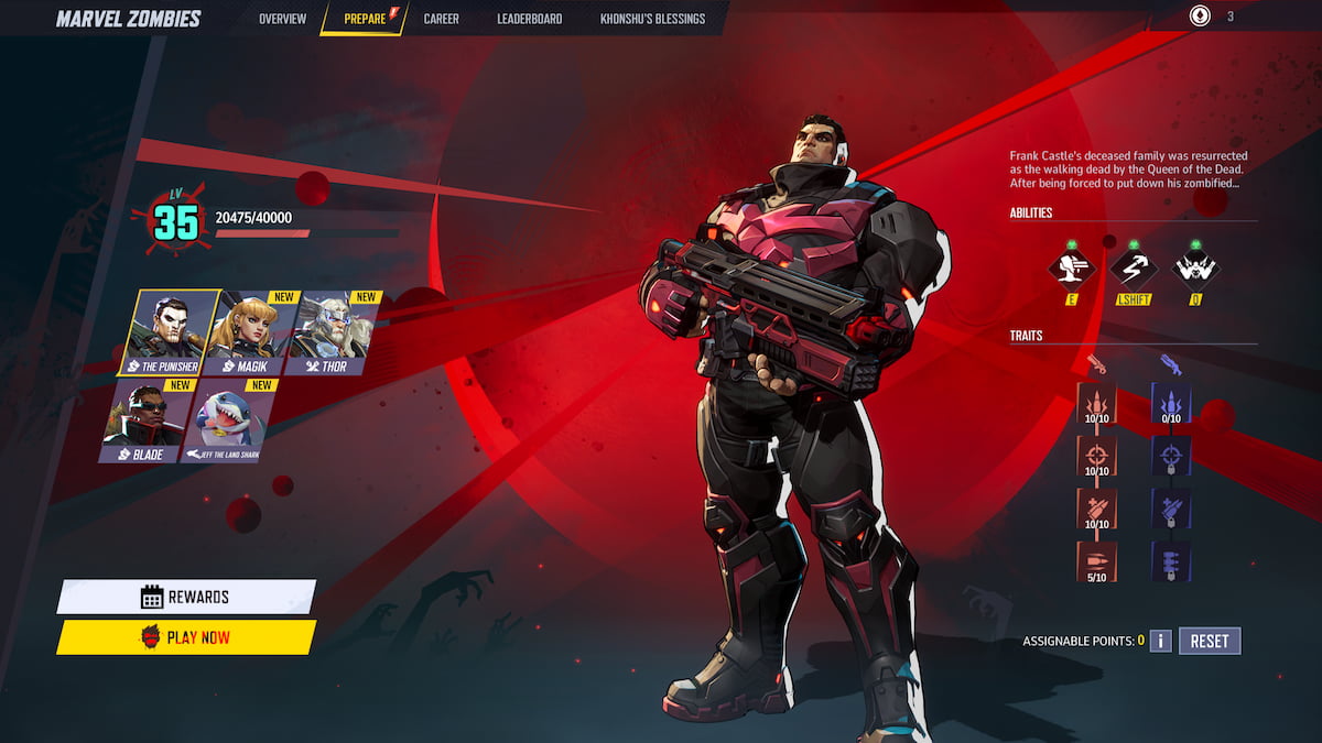 La página de mejoras y habilidades de Punisher en Marvel Rivals Zombies