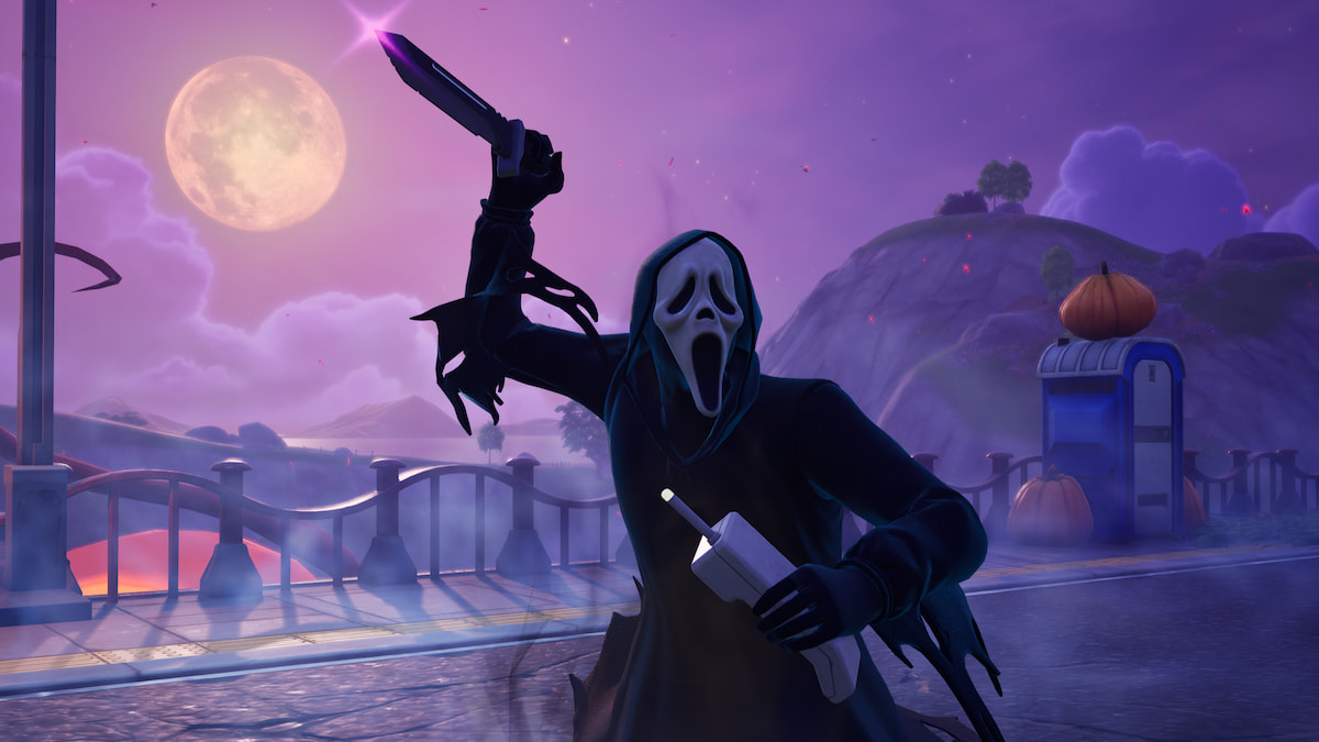 Ghostface running with a knife and cell phone in Fortnite