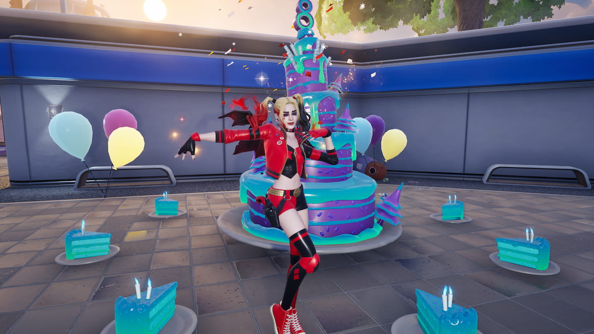 Harley quinn dancing by birthday cake in fortnite