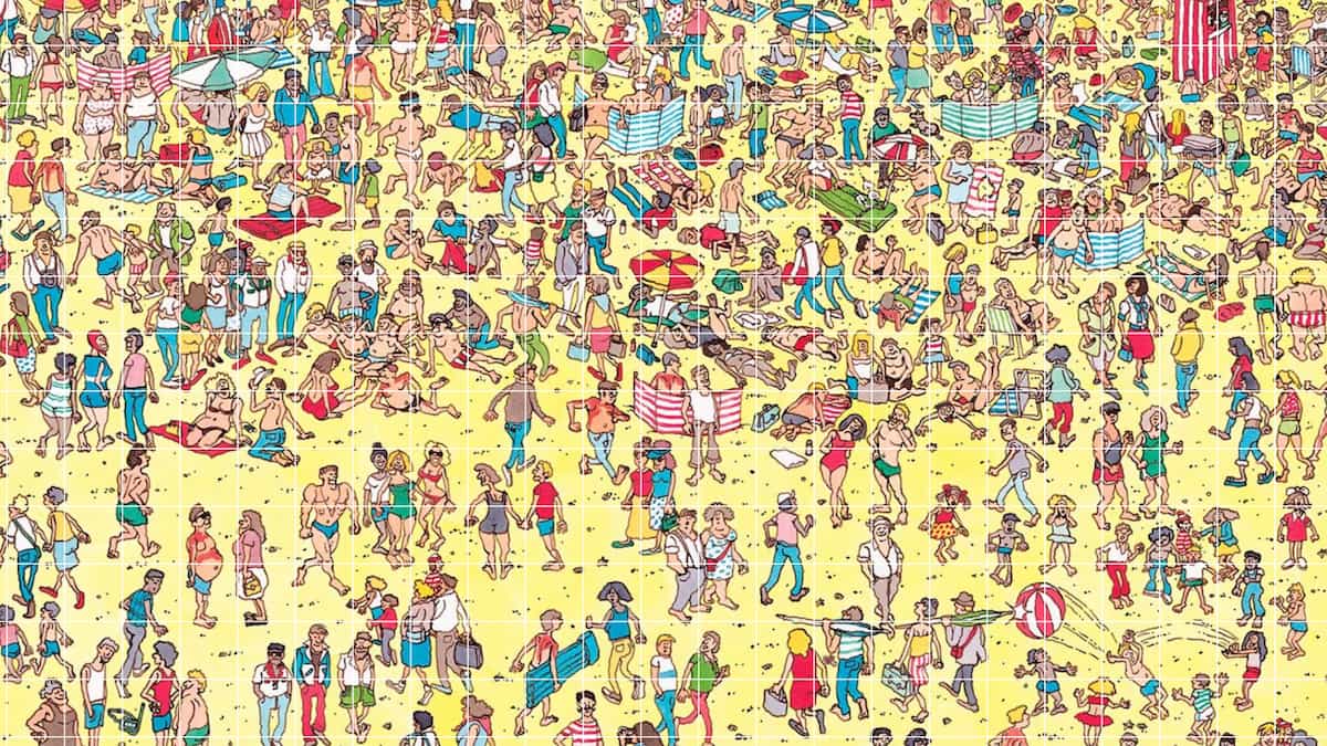 Un grupo de personas en la playa con Waldo escondido entre ellos en I'm, no un robot