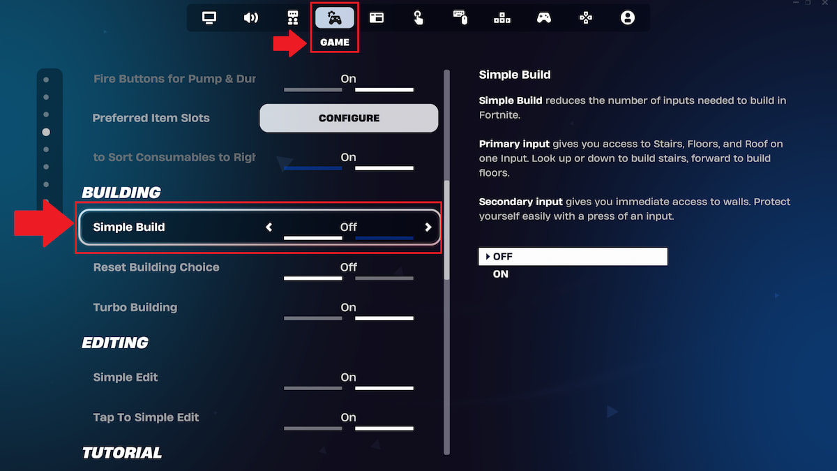 Turn off simple builds in Fortnite