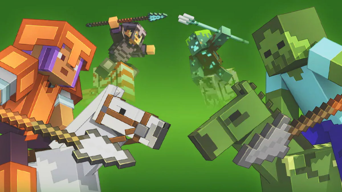 Personajes de Minecraft y mobs a caballo preparándose para luchar.