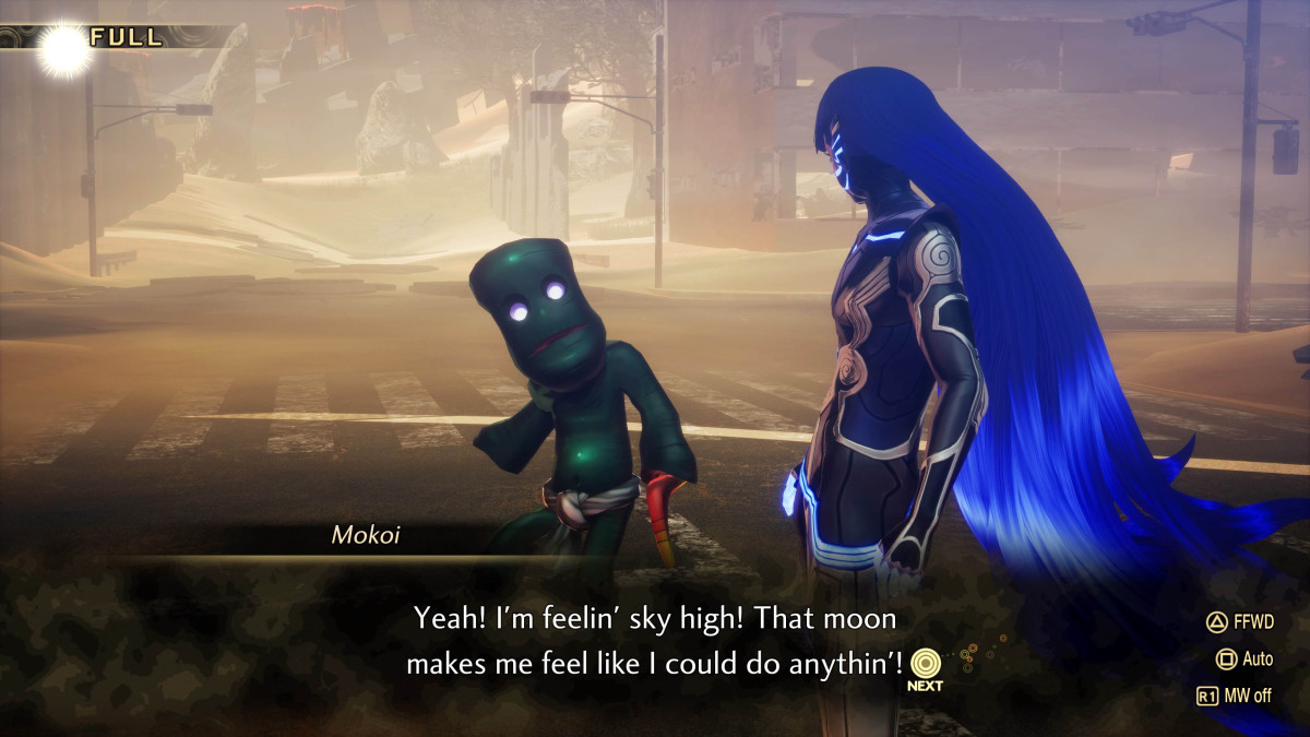 Uno screenshot di Shin Megami Tensei V di Nahobino che parla con un demone durante la luna piena.