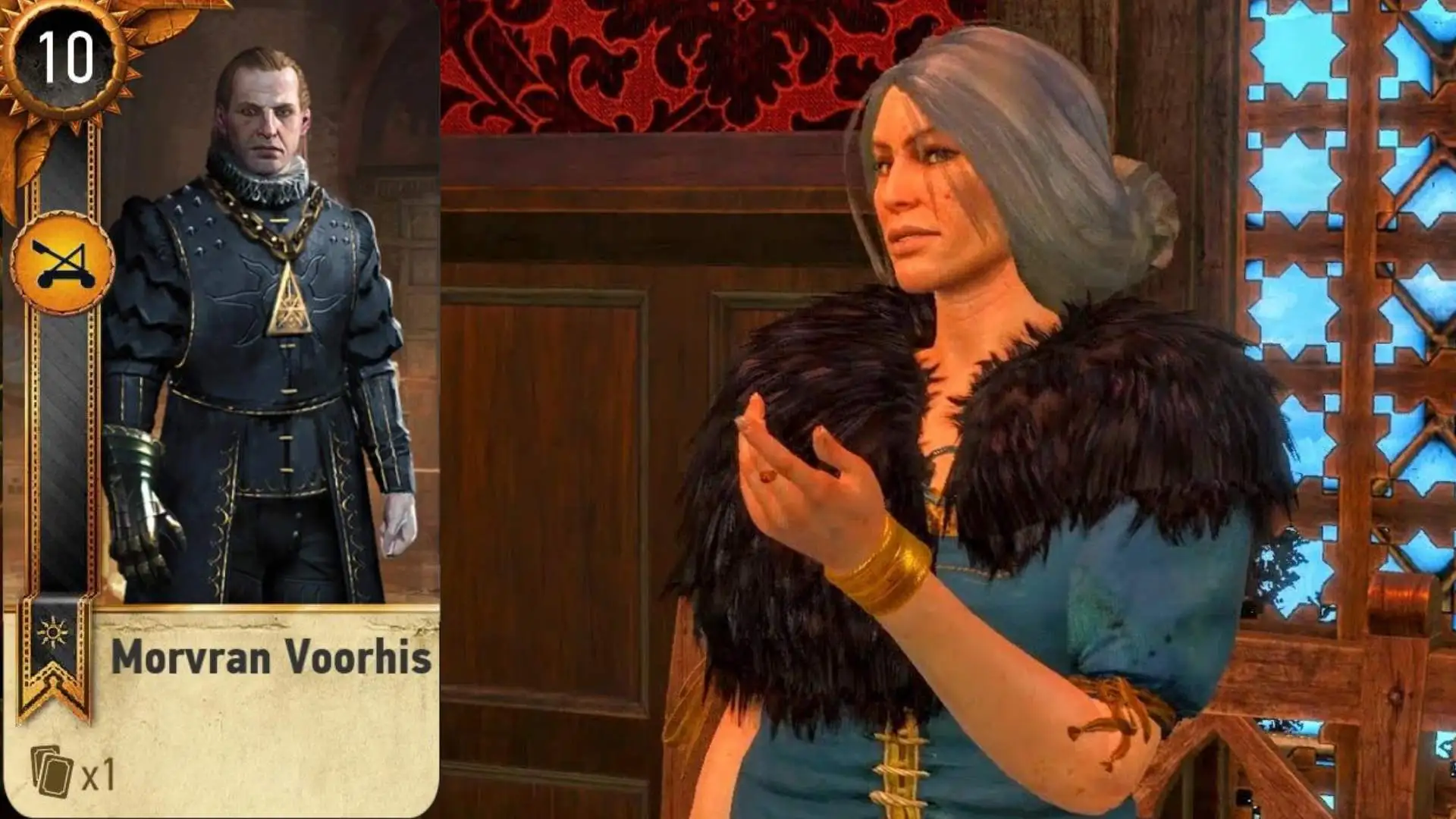 The Witcher 3 Big City Players Quest Gwent Card Morvran Voorhis next to Marquis Serenity