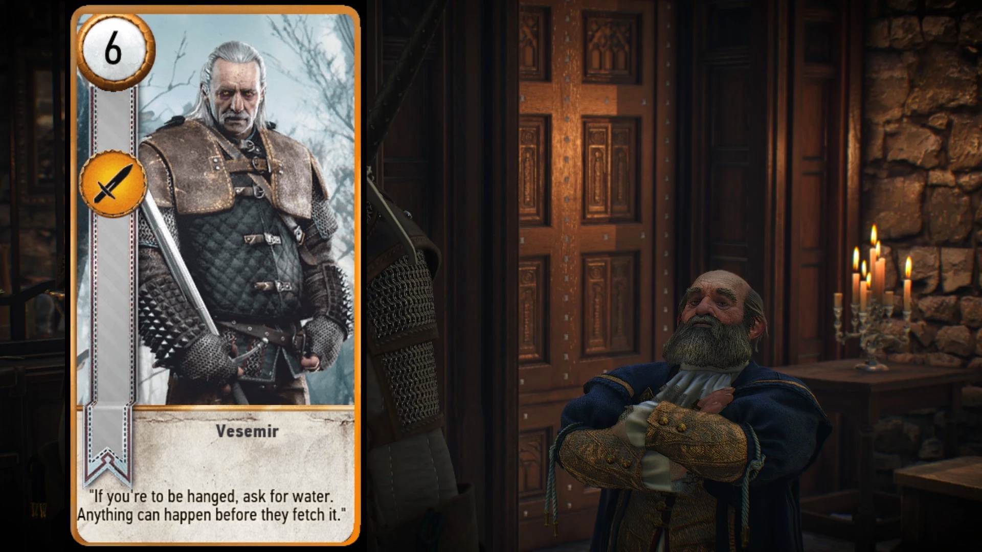 The Witcher 3 Vesemir Gwent card next to Vimme Vivladi