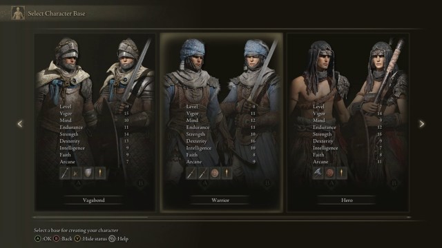 Elden Ring screenshot of the Vagabond, Warrior, and Hero character base options