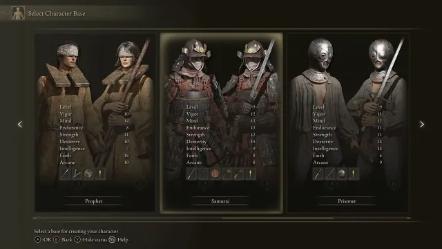 Elden Ring screenshot of the Prophet, Samurai, and Prisoner character base options