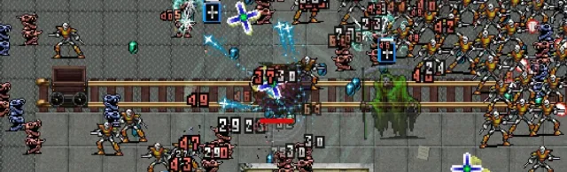 Vampire Survivors screenshot of stalker and a hoard of enemies advancing on the player in the Dairy Plant stage.