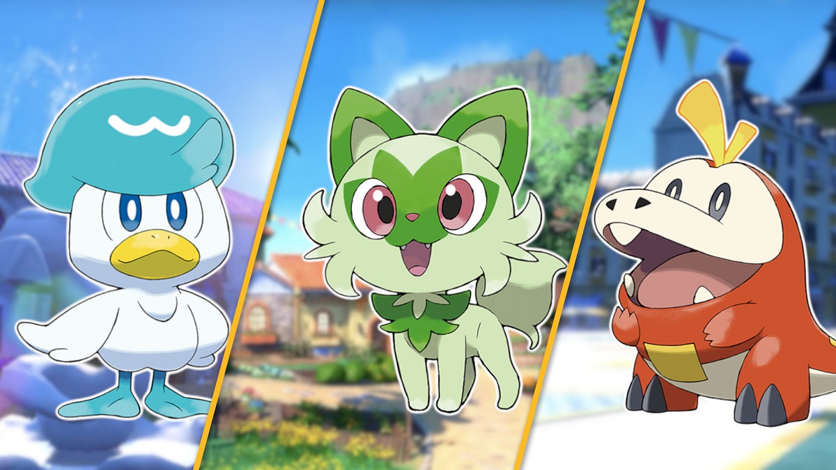 Official art for Pokemon Scarlet and Violet's starter Pokemon, Quaxly, Sprigatito, and Fuecoco.