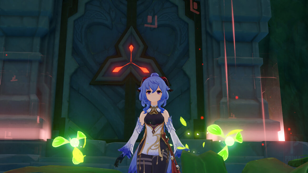 Screenshot of Ganyu standing in front of the Fragment of Childhood Dreams Domain in Genshin Impact.