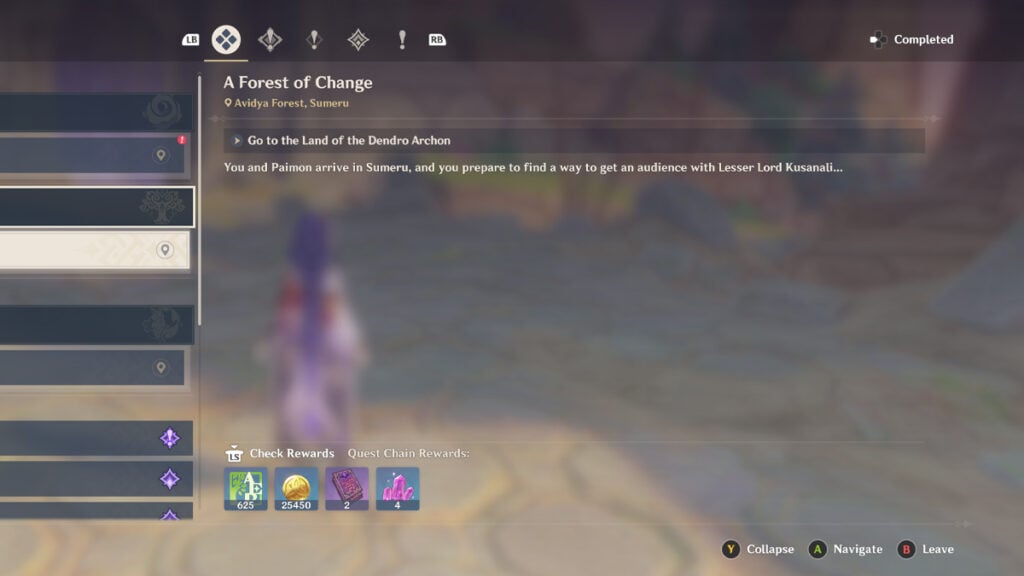 Screenshot of the A Forest of Change quest in Genshin Impact.