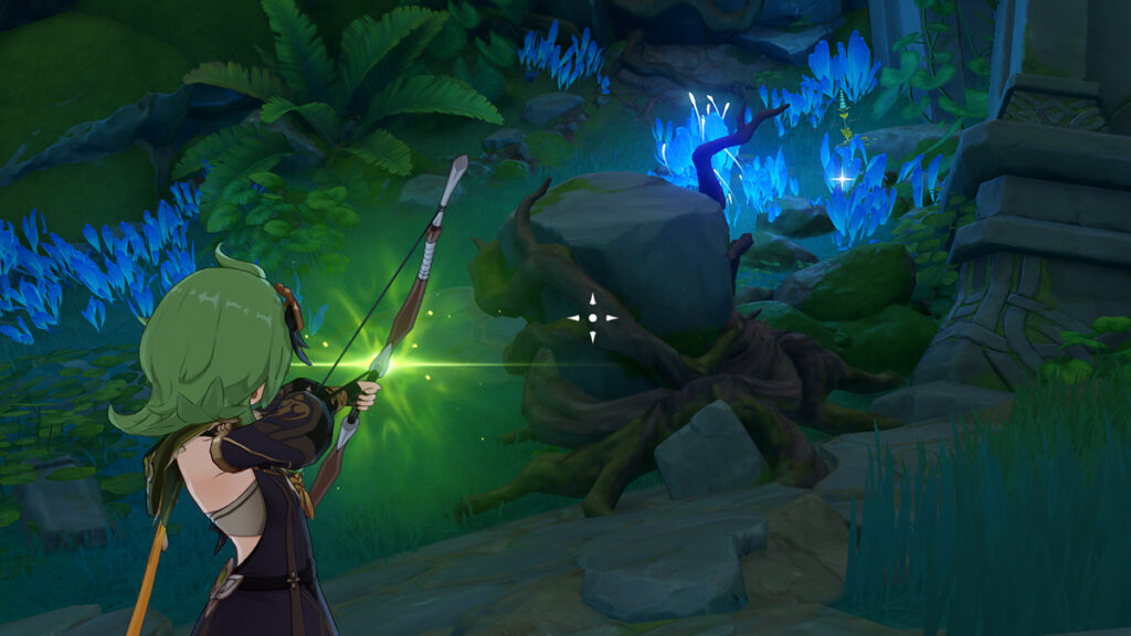 Screenshot of Collei using her Bow on a Dendro block in Genshin Impact.