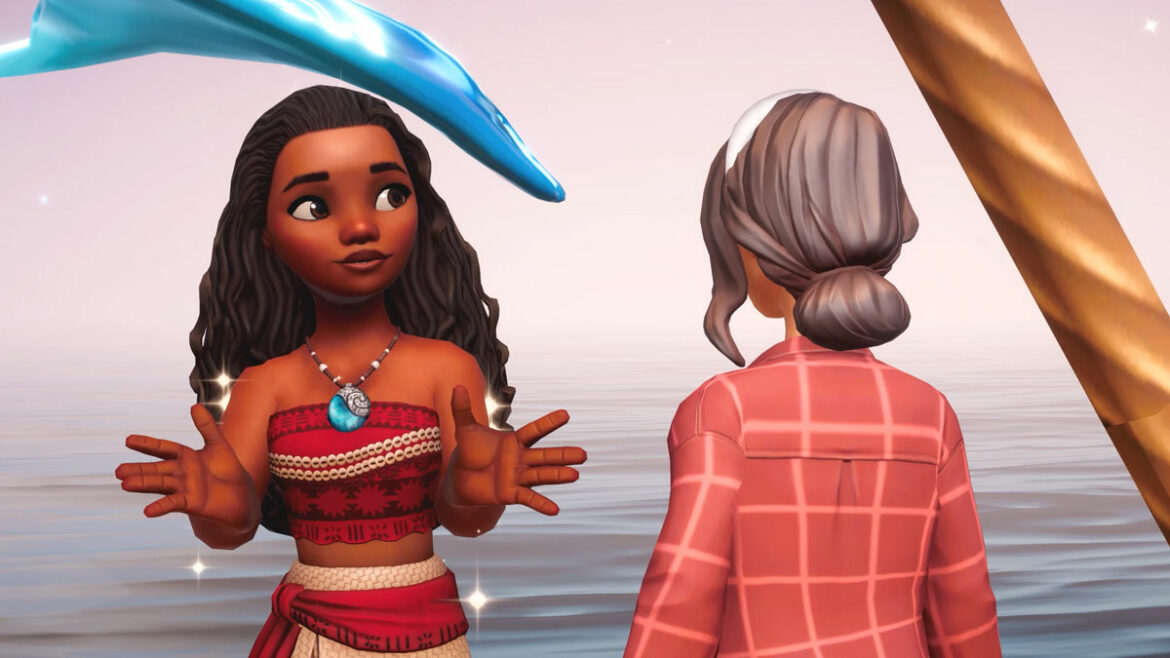 A screenshot of Moana speaking to the player's custom character in Disney Dreamlight Valley.