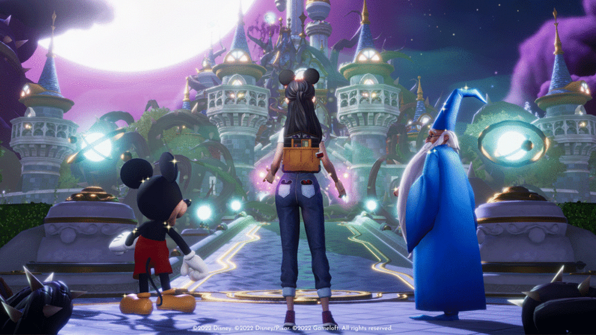 A screenshot of Mickey, the player's character, and Merlin looking towards Disney Castle in Disney Dreamlight Valley.