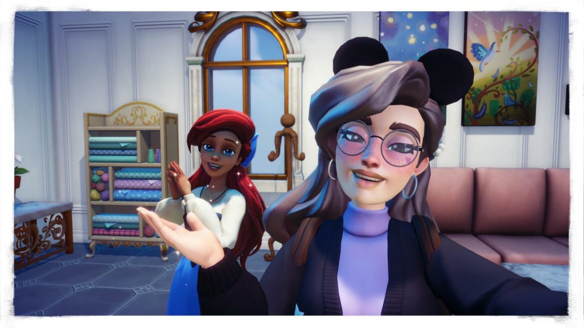 A screenshot of a Disney Dreamlight Valley custom character taking a selfie with Ariel from The Little Mermaid in the character creator tool.