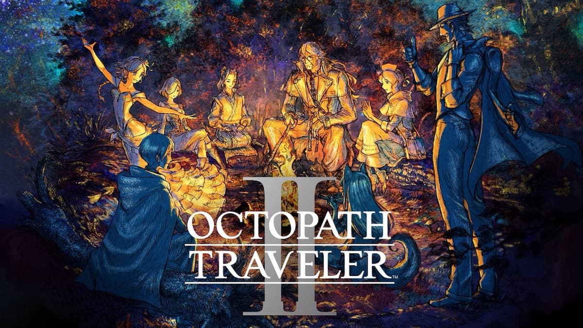 Octopath Traveler 2 promo artwork of several character huddled around a campfire
