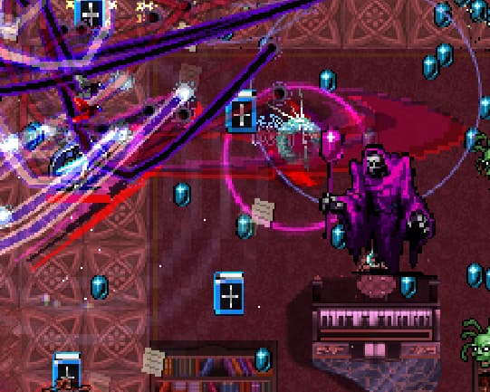 Purple Death fight in the Inverted Inlaid Library in Vampire Survivors