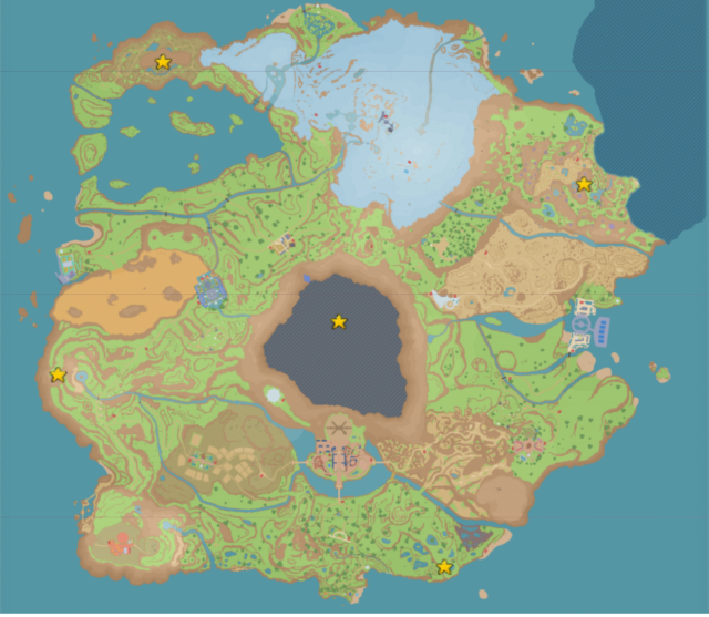 Map of Paldea with stars on the Pokemon Violet legendary locations.