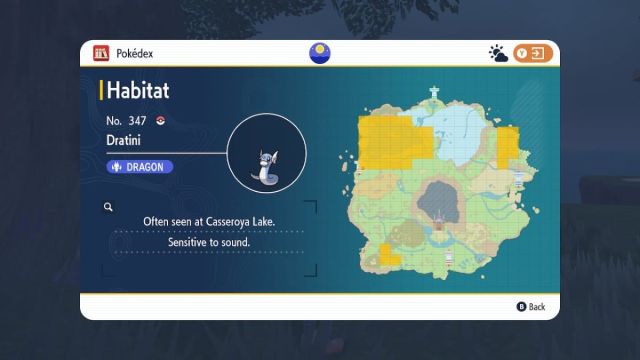 Pokemon Scarlet and Violet screenshot of dratini habitat location.