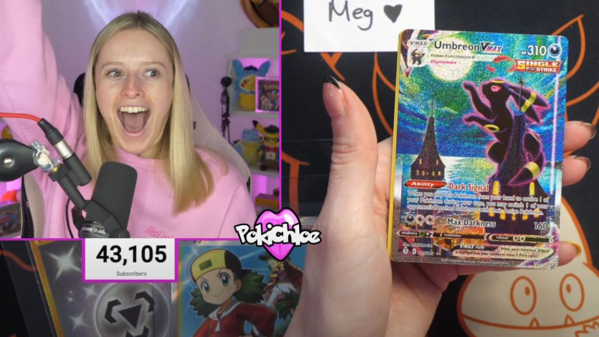 PokiChloe pulling Moonbreon Pokemon card