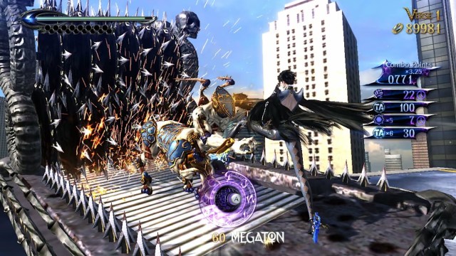 Bayonetta 2 screenshot of Bayonetta kicking an enemy into a grinder