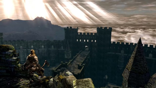 Dark Souls screenshot of the player character atop a tall tower