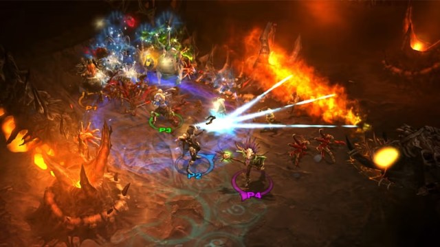 Diablo 3 screenshot of a 4-player party attacking a horde of enemies in a fiery dungeon.