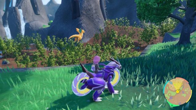 Pokemon scarlet and violet screenshot of a dragonite found flying around the bamboo grove
