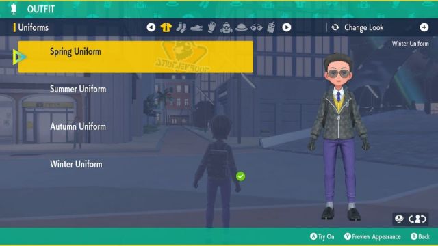 Pokemon Scarlet and Violet screenshot of the winter Uniform with black accessories.