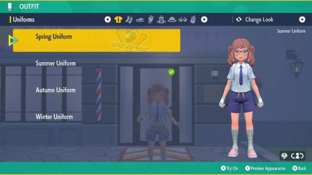 Pokemon Scarlet and Violet screenshot of the Summer Uniform with pastel accessories