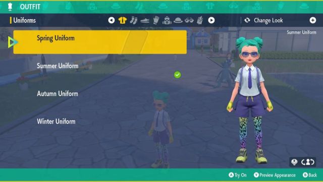 pokemon scarlet and violet screenshot of the summer uniform with neon accessories