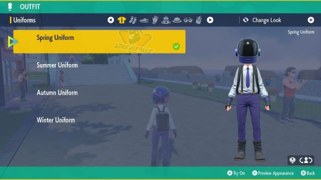 Pokemon scarlet and violet screenshot of the spring uniform with a cool helmet