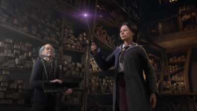 Hogwarts Legacy main character choosing a wand at Olivander's wand shop