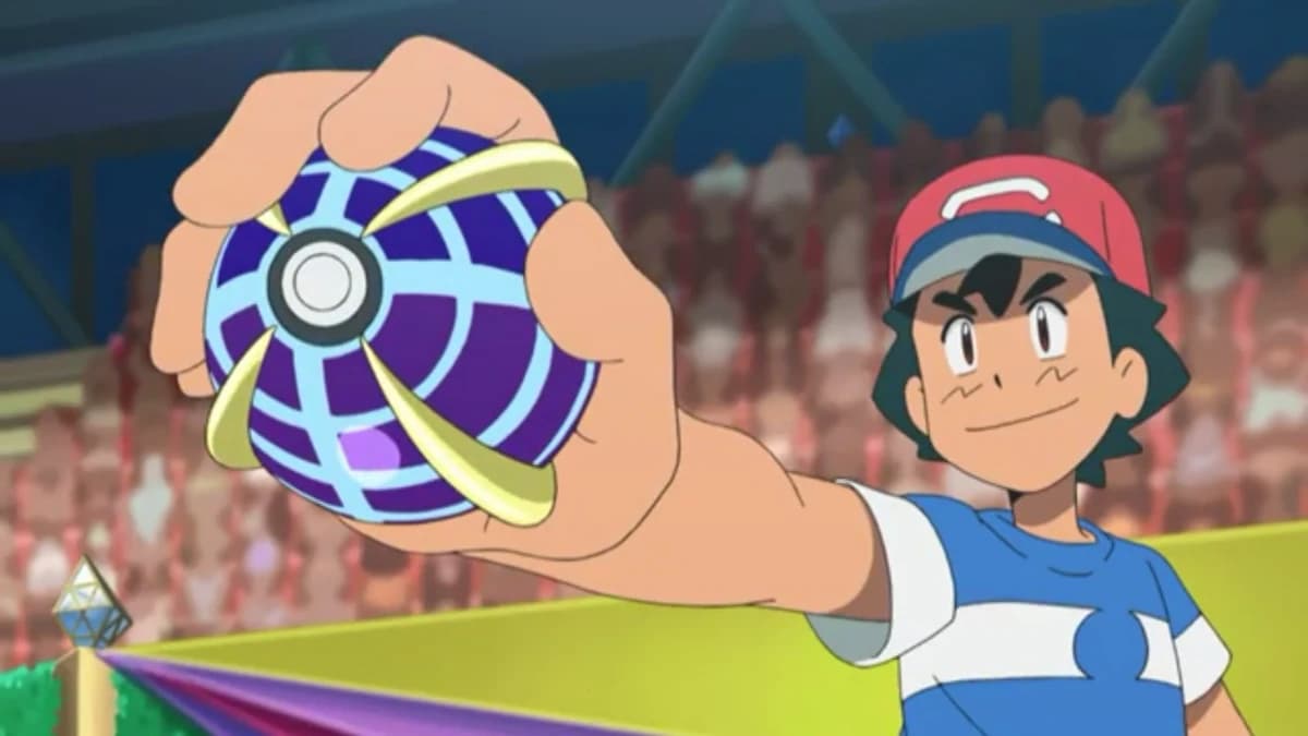screenshot of Ash Ketchum holding a Beast Ball in the Pokemon Sun and Moon anime