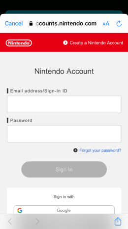 Nintendo Sign-In Webpage for Pokemon HOME