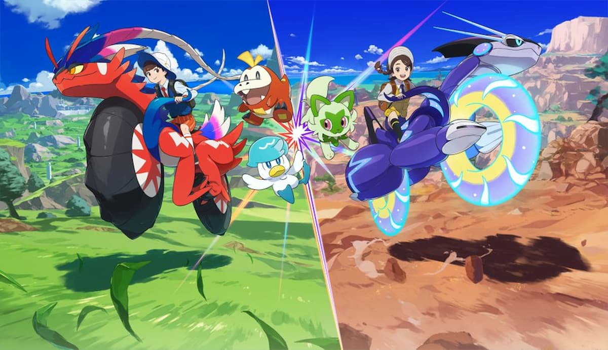 Pokemon Scarlet and Violet promo image of two player characters riding Miraidon and Koraidon.