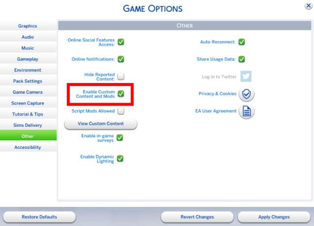 The Sims 4 Game Options Menu for Mods