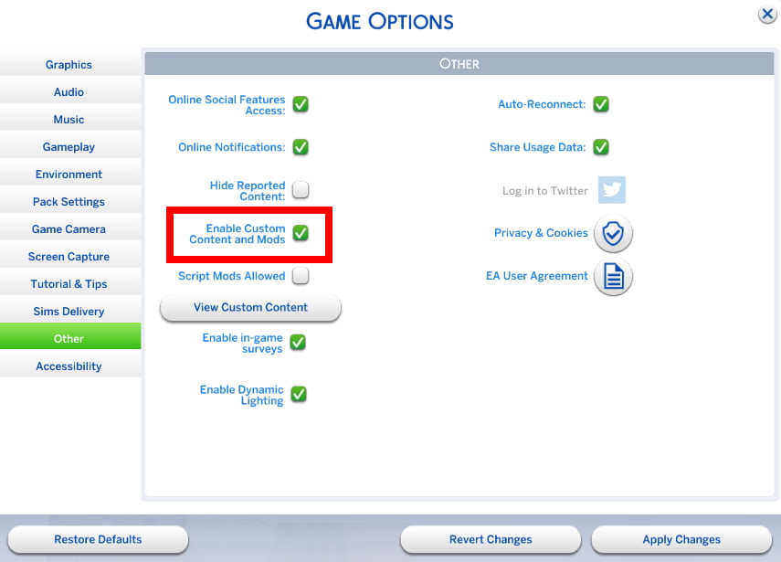 The Sims 4 Game Options Menu for Mods