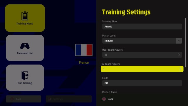 AI Team Players - Training Settings menu of eFootball 2023