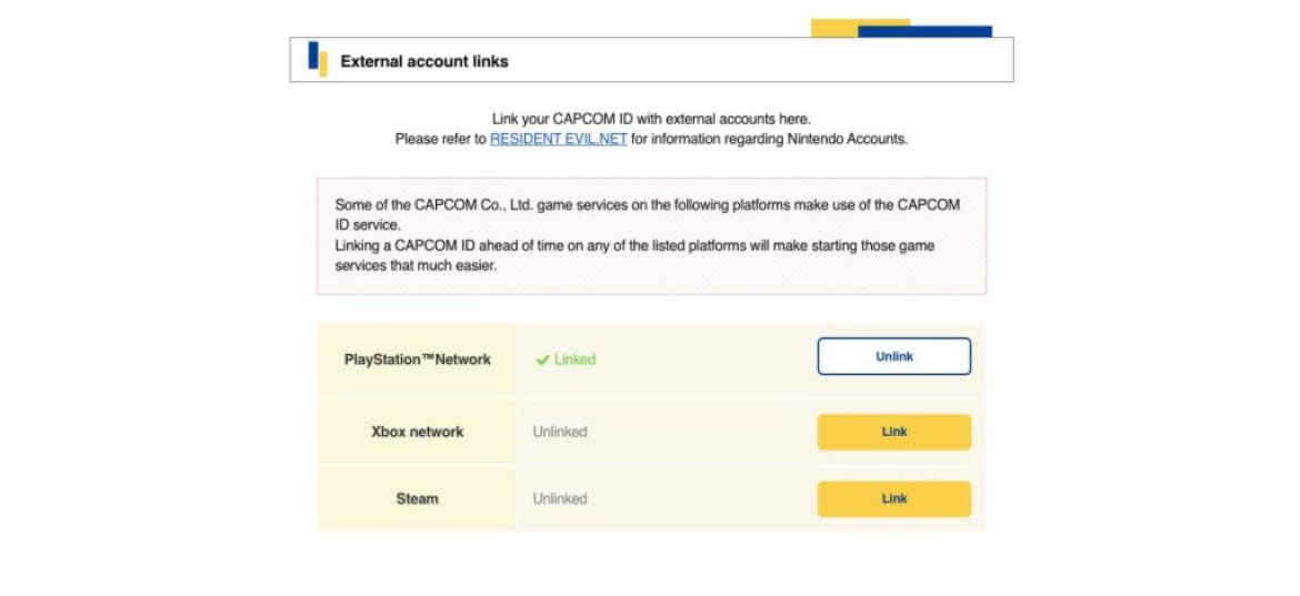 CAPCOM ID | External Account Links | PSN Link Confirmed
