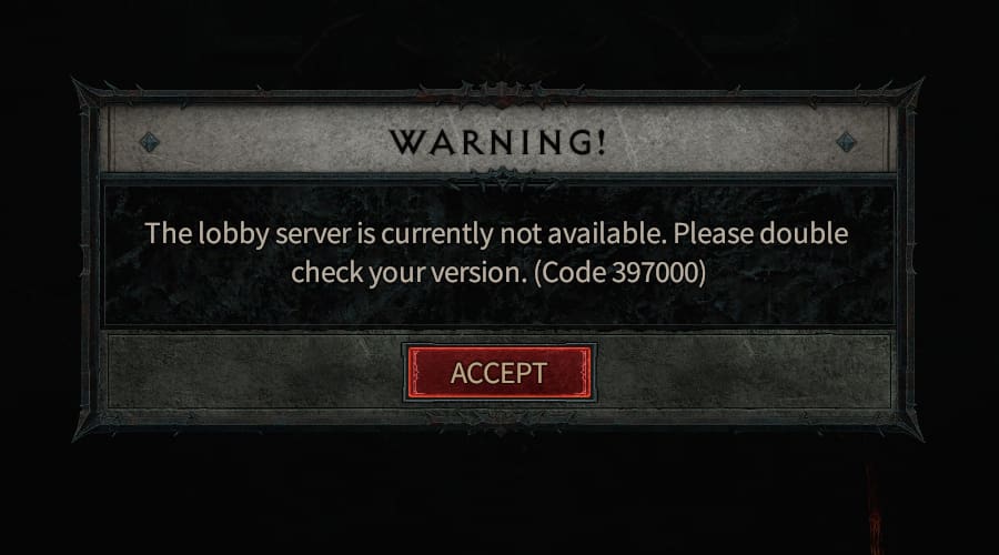 Diablo 4 Error Code 397000 after Queue