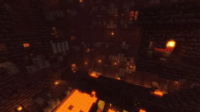 Screenshot of a scary Minecraft double fortress in the Nether.