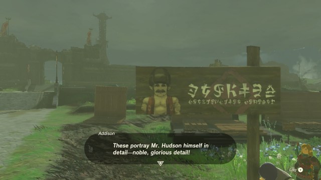 A Hudson Sign near a fort in ToTK's Hyrule.