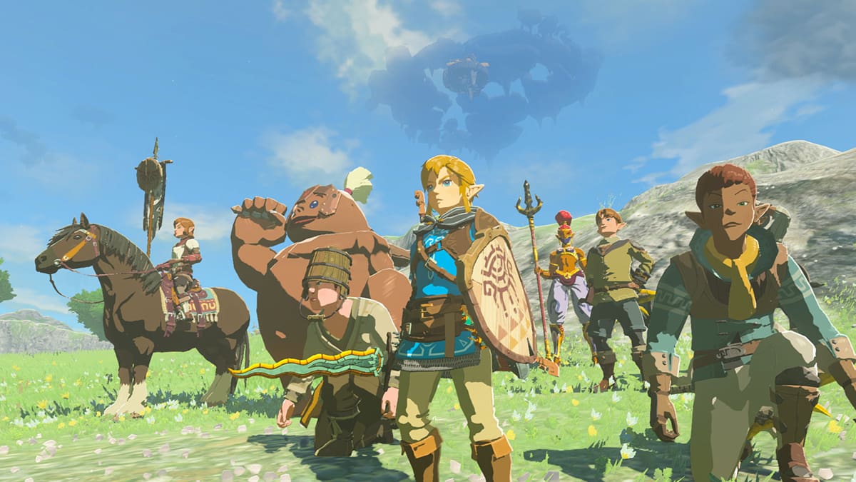 totk screenshot of link and several npcs standing in a field