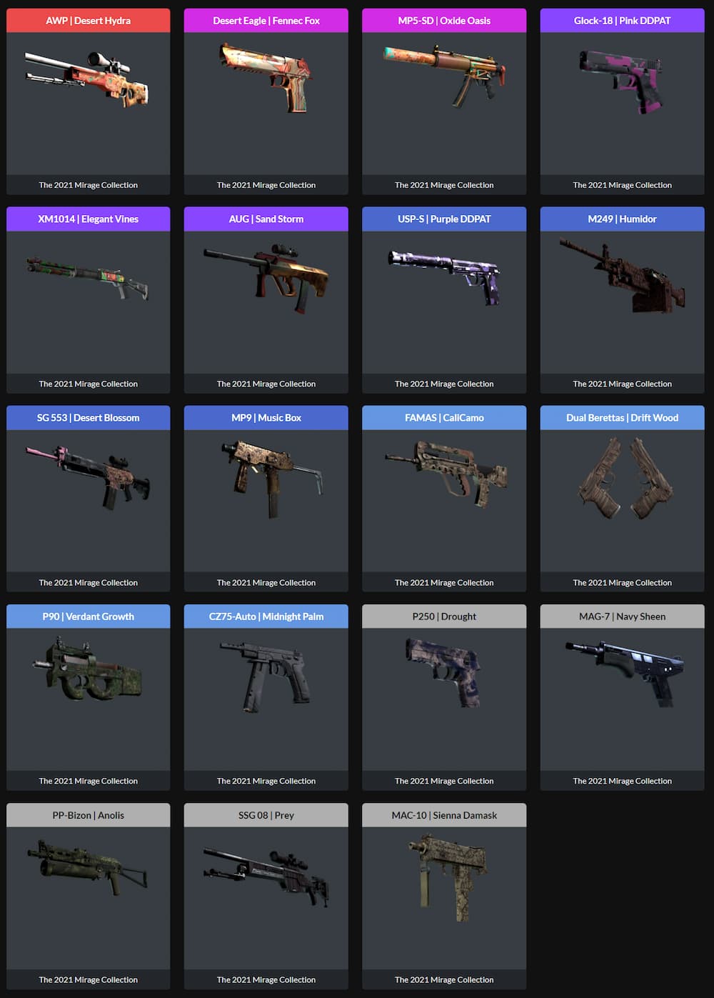 All Skins in the CSGO Paris 2023 Mirage Souvenir Package Collection