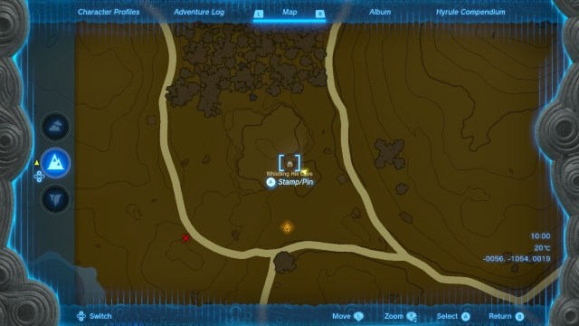 Totk's hyrule map with a square around the whistling hill cave location.