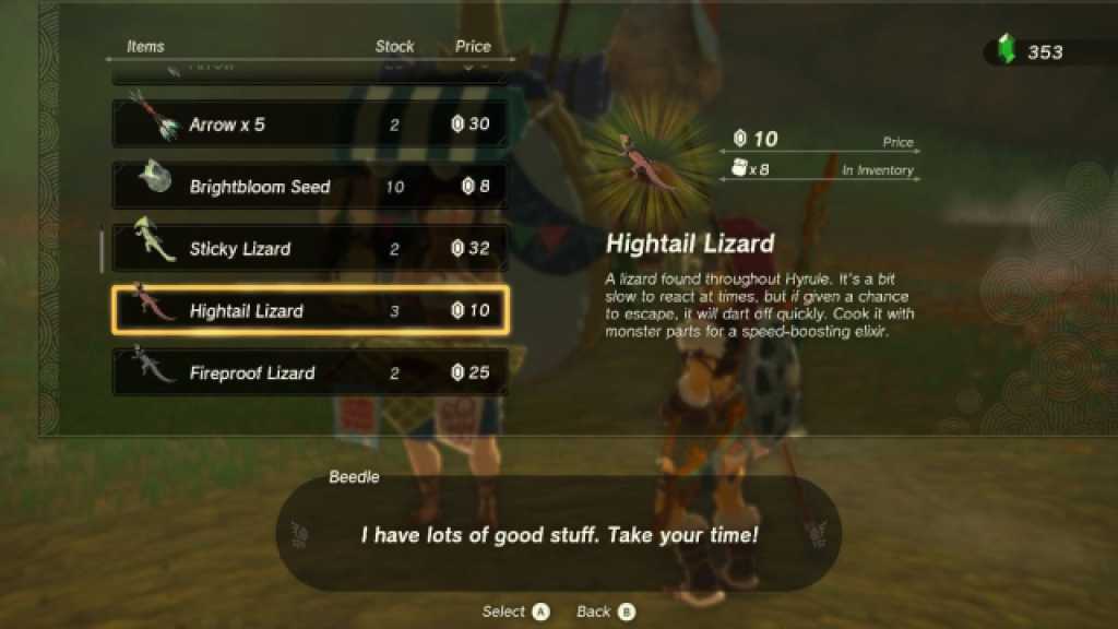 TOTK Beedle Inventory of Hightail Lizards